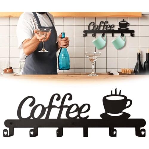 Coffee Mug Holder 6 Hooks Wall Mounted Coffee Cup Racks Metal Iron Art Cup Hangers Decorative Sign for Kitchen Bar Accessories