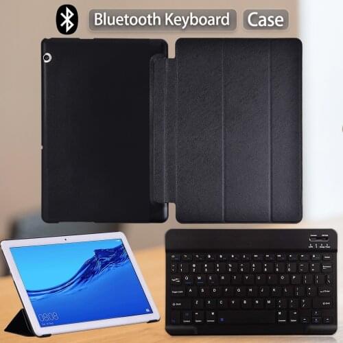 For Huawei MediaPad T3 10 9.6-inch/T5 10 10.1-inch PU Leather Smart Trifold Solid Color Stand Tablet Cover + Bluetooth Keyboard