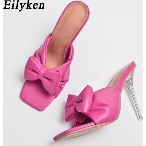 Eilyken Summer Women Slippers Sandals Fashion Butterfly-Knot PU leather Womens Pumps Mules Sexy Transparent Heel Party Shoes