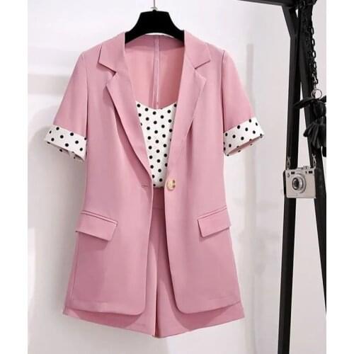 Elegant Women Pink Blazer Suits 2021 Fashion Ladies Slim Short Sleeve Blazers Shorts Vest 3 Pieces Set Female Chic Summer Set
