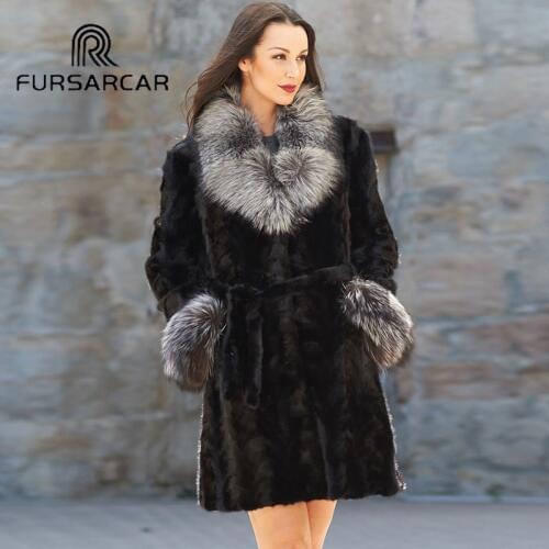FURSARCAR Whole Skin Real Mink Fur Coat For Women Natural Genuine Mink Fur Coat With Silver Fox Fur Collar And Cuff