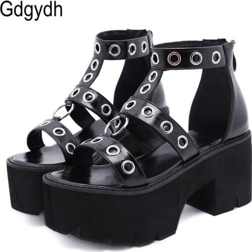Gdgydh Black Punk Gothic Platform Sandals Open Toe Buckle Strappy Women Summer Shoes Sexy Rivets Thick Heels Footwear Drop Ship
