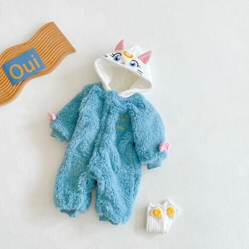 Ins Hot Sale Baby Girls Blue Color Thicken Hooded Bodysuit