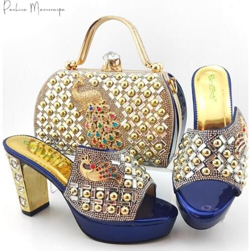 Italian Design Lastest African Nigerian D.Blue Color Ladies Shoes and Bag Set Decorated With Special Phoenix Metal for Party