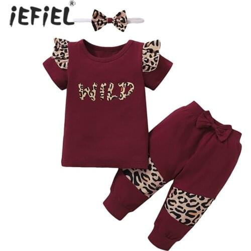 Baby Girl Clothes Set Cotton Long Sleeve Leopard Ruffle Letter Tops+Bowknot Leopard Pants+Headband 3Pcs Infant Toddler Outfits