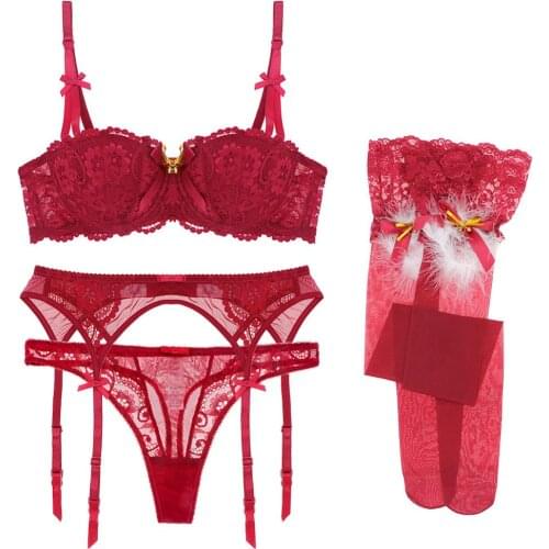 Ladies half cup bra set merry christmas holiday lace underwear velvet stockings bra+garter belt+thong+stockings lingerie 4piece