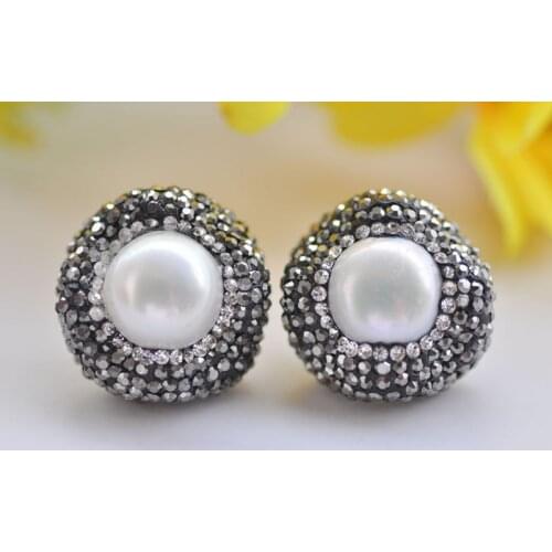 P7030 22mm White Round Freshwater Pearl Inlay Crystal Stud Earring