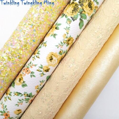 Lace Glitter leather, Flowers Printed synthetic leather, Faux Leather Sheets For Bow A4 21x29CM Twinkling Ming KM219