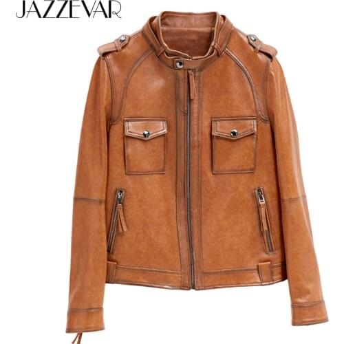 JAZZEVAR 2021 New High Fashion Street Women Real Sheep Skin Leather Jacket Oil wax color Genuine Leather short Motorcycle Jacket