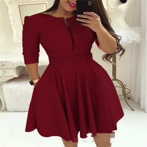 Summer Dress Women Clothing A-Line Dress With Belt O-Neck Half Sleeve Zipper Spring Autumn Dress For Woman Vestidos Femme Robes