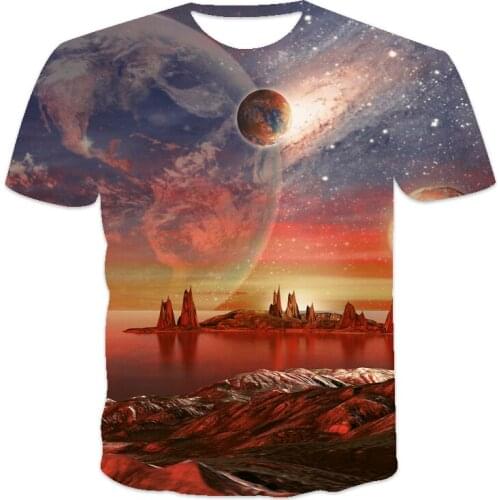 2021 best-selling oversized loose mens T-shirt clothes short-sleeved fantasy planet print O-neck mens T-shirt