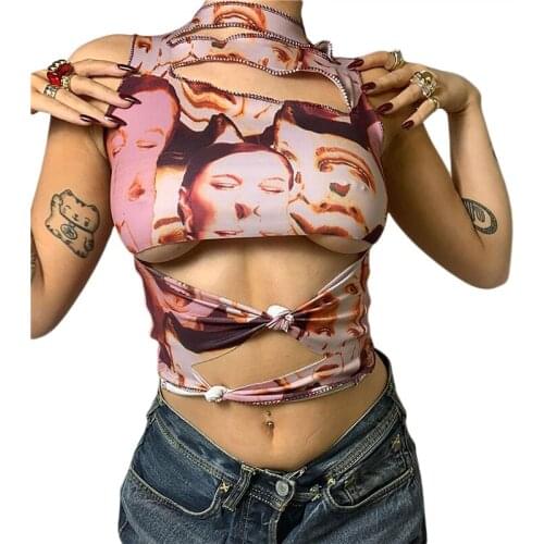 Y2K Tank with Chic Print Sexy Women Gothic Punk Style Hollow Decoration Skinny Fit Style Summer Clothing E-girl Vest Tops