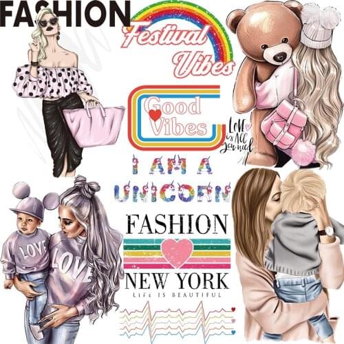 Fashion Mom Baby Patter Patches For Clothing T-shirt Patches Iron On Heat Transfers Rainbow Letters Thermal Sticker On Clothes