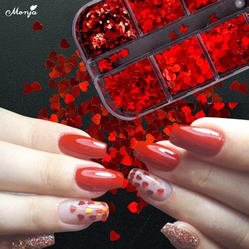 Monja 12 Grids/Box Red Mixed Shape Nail Art Glitter Flake Natural Sparkly Sequins DIY Decal Decorations 3D Nails Accessories