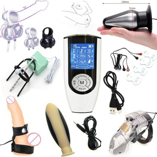 Strongest BDSM Power Box Electro Shock Pulse Penis Plug Cock Ring Anal Butt Plug Masturbator Electric Stimulate Sex Toys For Men
