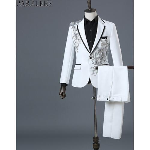 Mens White Floral Sequin 2 Pieces Suits (Jackets+Pants) Slim Fit One Button Wedding Groom Tuxedo Suit Male Costume Mariage Homme