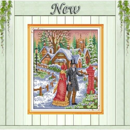 Couple Walk on the snow,Winter Scenery,Counted Printed on canvas DMC 11CT 14CT Cross Stitch kits,needlework Sets DIY embroidery