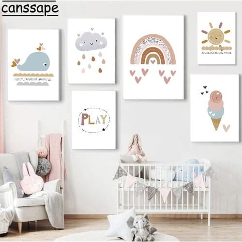 Nursery Wall Art Print Rainbow Painting Dolphin Posters Sun Clouds Canvas Picture Ice Cream Poster Boho Decoration Home Decor