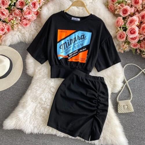 2021 summer new Korean style waist short short-sleeved t-shirt top with slit bag hip half-length skirt casual suit