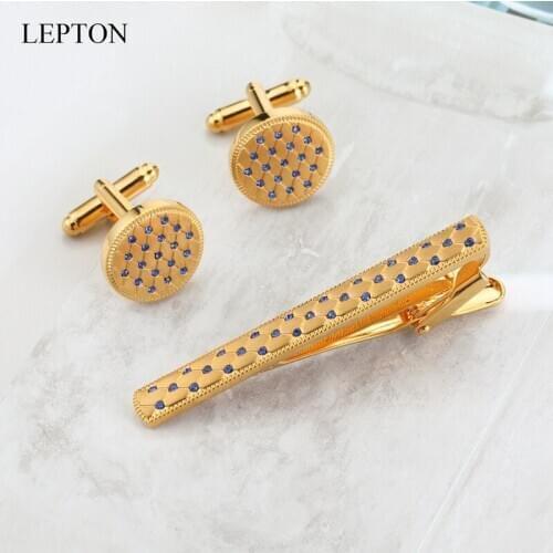 New arrival Gold Color Cufflinks Tie Clips Sets Lepton Crystal Tie Bar for Men Cuff links and Tie Clip Set Business Best Gift