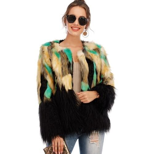 Elegant womens faux fur coat Autumn winter warm patchwork coat Female plus size fashion long sleeve imitation fur short coats