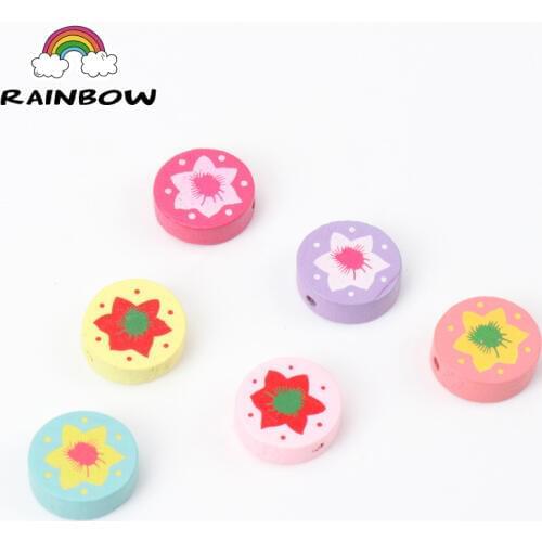 Mixed Colors Wooden Material beads Flower Painted Round Shape Wooden Spacer Beads For Jewelry Making 17mm 20pcs