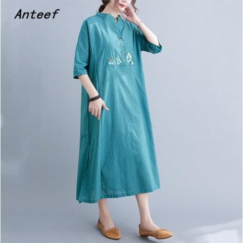 Short sleeve cotton linen vintage floral·dresses for women causal loose long woman summer dress elegant clothes 2021