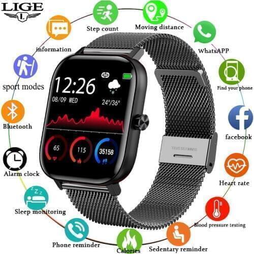 LIGE New Bluetooth Call Smart Watch Men Women Full Touch Fitness Tracker Blood Pressure Smart Women Smartwatch For Xiaomi Huawei