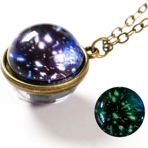 Glow Night Star Planet Glass Ball Noctilucent Pendant Necklace Double-sided Luminescent Galaxy Nebula Cosmic Sweater Chain