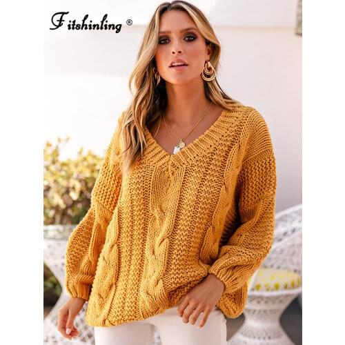 Fitshinling Twist Sweater Woman Winter 2020 Long Sleeve V Neck Yellow Women Sweaters And Pullovers Knitted Jumpers Female Sale