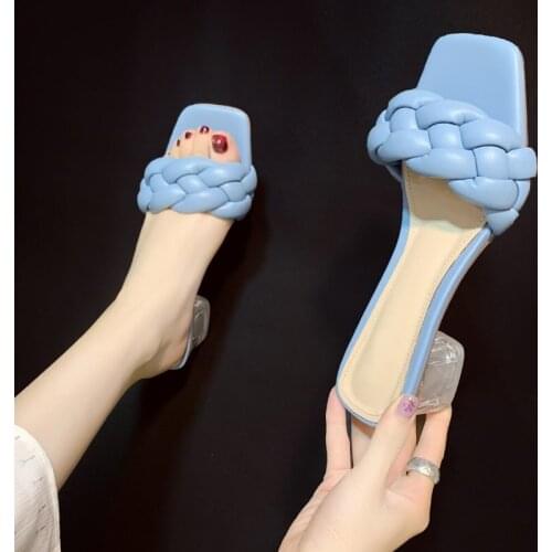 Transparent High Heels Sexy Ladies Woman Slippers New Summer Shoes Square Heel Weave Square Toe Slippers Ladies Leather Shoes
