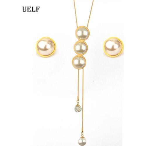 UELF Vintage Simulated Pearl Jewelry Sets For Women Wedding Bridal Crystal Necklace Earrings Gold Color African Set