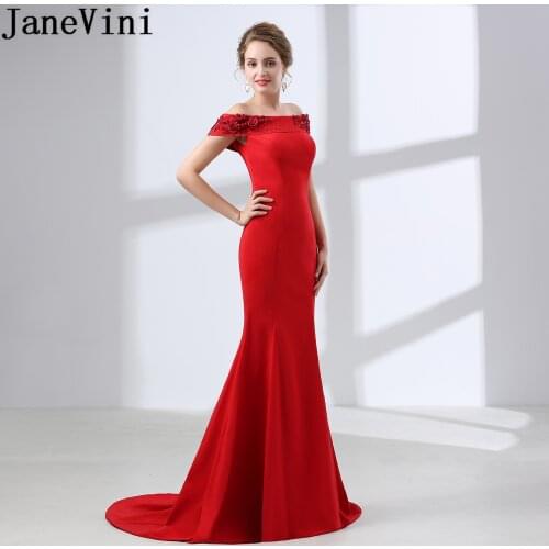 JaneVini Long Mermaid Party Gowns Red Prom Dresses 2019 Laurea Off Shoulder Beaded Lace Flowers Lace-Up Graduation Evening Dress