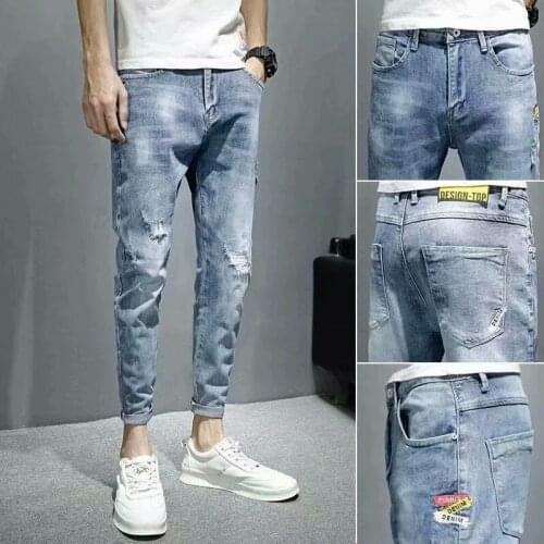 Spring Autumn 2021 new trendy brand Slim stretch denim pants Korean trend all-match casual street teenagers ripped jeans men