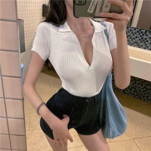 Vintage Casual Summer Polo Shirt Women Korean Style Short Sleeve Knitted Cropped Tops Polos Mujer 2021 New