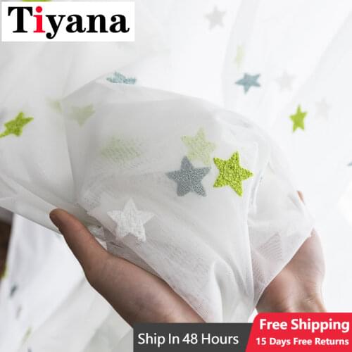 Tiyana Embroidery Green Star Window Drapes Tulle for Living Room Cartoon Curtains For Kids Bedroom Balcony Nursery Decor M65Y