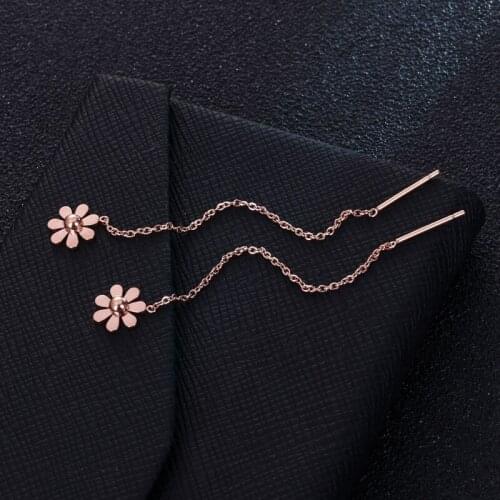 YUN RUO Simple & Fashion Daisy Flower Long Earring Woman Rose Gold Color 316L Titanium Steel Jewelry Birthday Gift Never Fade