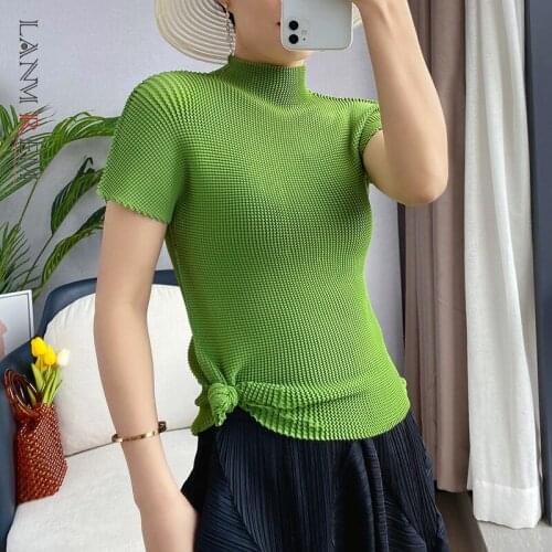 LANMREM Pleated Short Sleeve Stand Collar Top Womens Elastic Loose Casual T-shirt Female All Match Clothing 2D3751