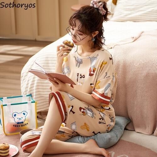 Women Pajama Sets Cartoon Pullover Print Calf-length Pants Breathable Homewear Leisure Cotton Lovely Female Korean Style Trendy