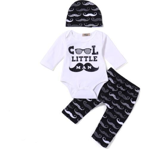 3PCS Baby Clothing Newborn Baby Boys Little Man Romper Tops Long Moustache Pants +Hat Outfits Set 2018