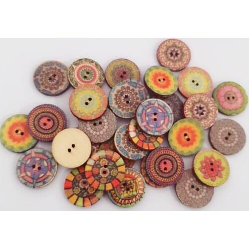 50pcs Natural Mixed Round Shaped Wood Buttons 20mm 2 Holes Sewing Florals Painted Button Embellishments Crafts Scrapbook