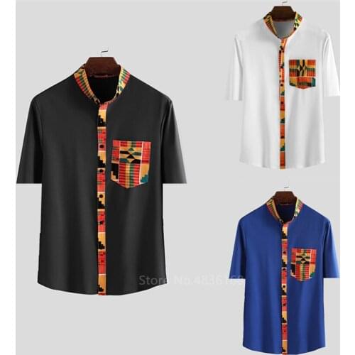 African Clothes 2021 Men Fashion Shirts Blouse Dashiki Print Plus Size Clothing T Shirts Tribal Pocket Ethnic Short Top American
