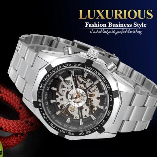 WINNER Brand Skeleton Automatic Mens Watches Stainless Steel Band Mechanical Wristwatches with Gift Box