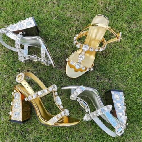 Luxury Women lady Platform high heels shoes sandals Thick heel gold silver t-Strap Studded diamond Rhinestone Crystal Slingback