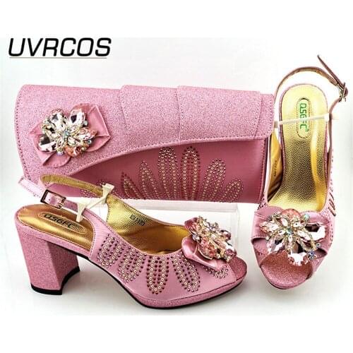 Italian Design Nigerian Newest Sweet In Pink Color Wedding Women Shoes and Bag Set With Colorful Crystal and Metal Decoration