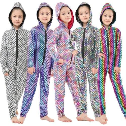 One Piece Sequin Mermaid Hooded Jumpsuits Baby Girls Faux Leather Cosplay Costume Clothes Girl Onesie Front Zantie Jumpsuit
