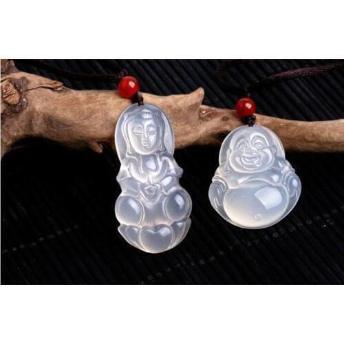 Koraba Fine Jewelry A Pair of Lovers White Ice Chalcedony Hand-carved Quan Yin and Buddha Pendant Free Shipping