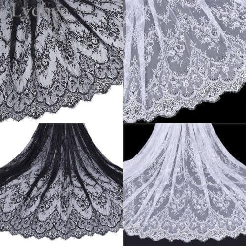 Lychee 150cm Width Eyelash Embroidery Lace Fabric White Black Sewing Mesh Fabric DIY Evening Dress Materials