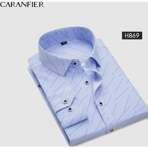 CARANFIER Polyester Mens Casual Long Sleeved Shirt Plaid Striped Spring Slim Fit Men Business Shirt Brand Comfortable Breathable