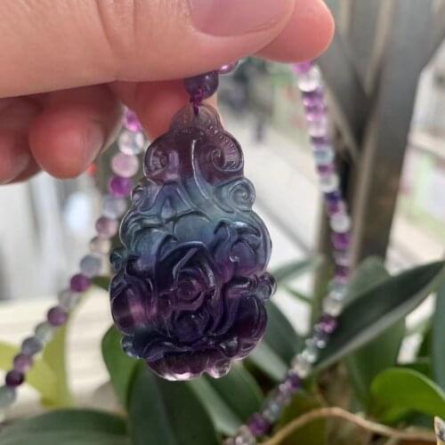 Natural Color Fluorite Carved Flower Drop Shape Pendant Necklace Handmade Energy Gem Jewelry Womens Fine Clavicle Chain